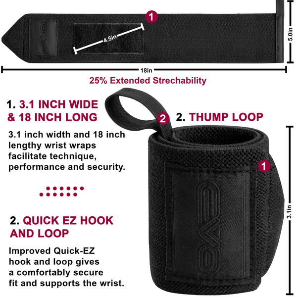 EVO Fitness Pair of 18” Deep Black Weight Lifting Wrist Wraps